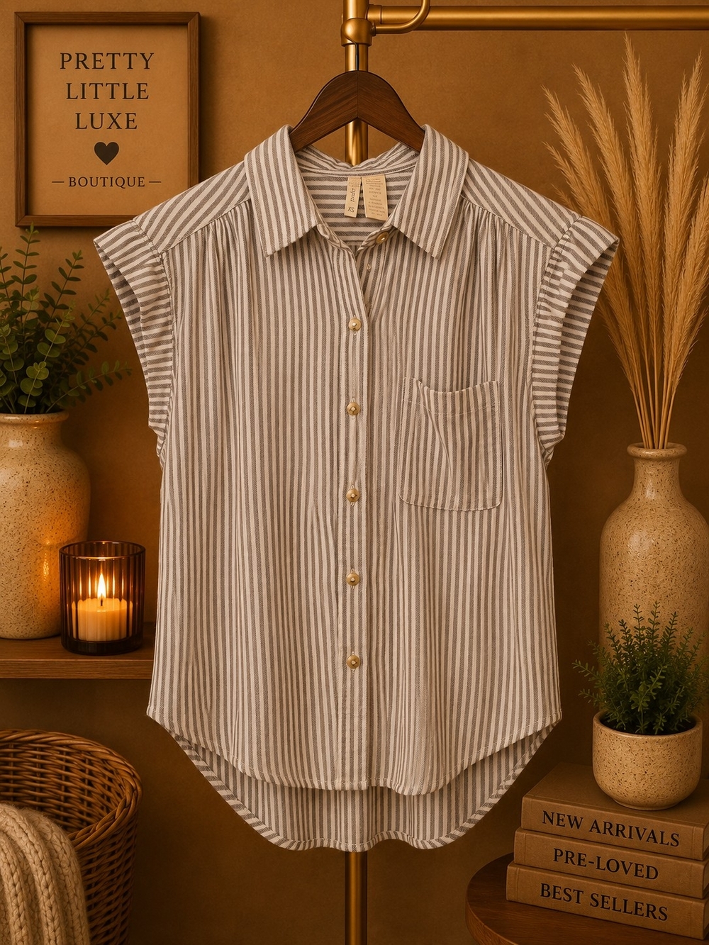 Japna Neutral Striped Cap Sleeve Button Down Blouse Top Cotton Rayon XS